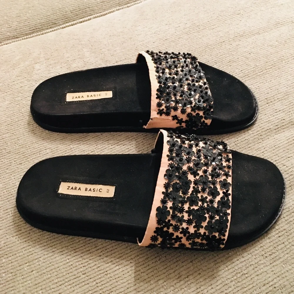 Zara Basic Floral Bead Rhinestones Black Pink Slide Sandals Size 42 - Picture 4 of 8